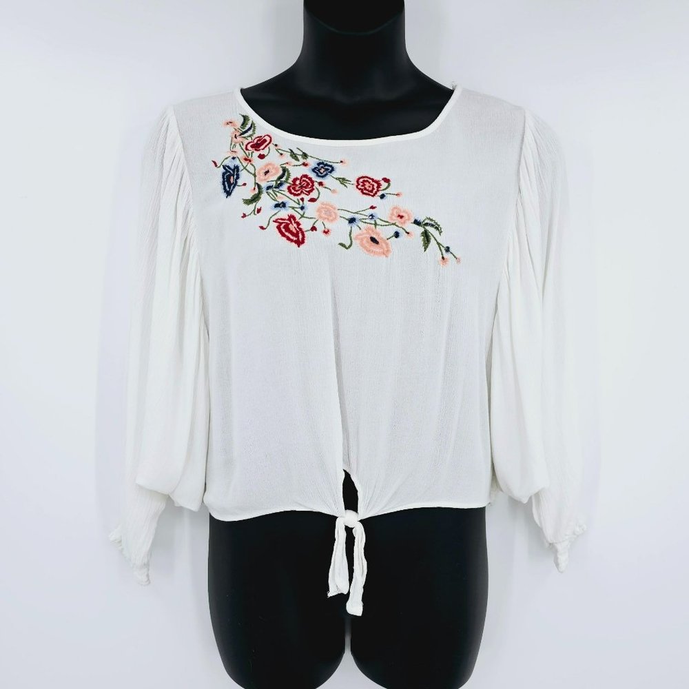 Wonderly Peasant Top XL White Pink Embroidered Floral Crinkle Batwing Tie Waist